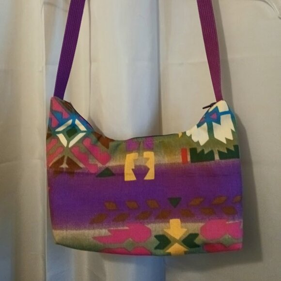 New Southwestern Faux leather Shoulder Bag Purse Brown Purple Crescent Baguette - Picture 7 of 8